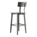 A slate gray bar stool with a solid wood seat, backrest, and legs, featuring a live edge design.