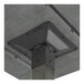 A close-up view of the underside of a slate gray bar height table showing the metal mounting bracket securing the table leg to the tabletop.
