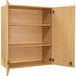 A maple Tot Mate laminate wall cabinet with shelves and two doors open.