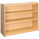 A wooden school age storage shelf with three shelves.