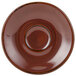 A brown Tuxton China saucer with a rim and a hole in the center.