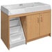 A maple laminate toddler walkup changing table with a wooden cabinet and a shelf.