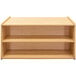 A Tot Mate maple laminate toddler double sided storage shelf with shelves.