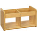 A maple laminate Tot Mate book and toy storage shelf with two compartments.