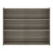 A Tot Mate Shadow Elm laminate school age storage shelf with three shelves.