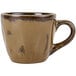 A brown Tuxton TuxTrendz Artisan espresso cup with a handle.