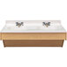 A Tot Mate double maple laminate wall vanity with two sinks.