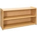 A Tot Mate maple laminate toddler storage shelf with two shelves.