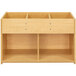 A maple laminate book and toy storage shelf with three compartments and two drawers.