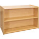 A wooden Tot Mate double sided shelf with two shelves on each side.
