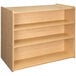 A Tot Mate maple laminate wooden school age storage shelf with shelves on both sides.
