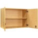 A Tot Mate maple laminate wall cabinet with two shelves and doors open.