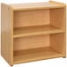A Tot Mate maple laminate toddler storage shelf with two shelves.