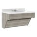 A Tot Mate Shadow Elm laminate wall vanity with a white sink and wood top.