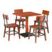 A Lancaster Table & Seating rustic mahogany wood table with a live edge and metal legs, with four wooden chairs with metal frames.