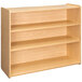 A Tot Mate maple laminate school age storage shelf with three shelves.