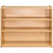 A wooden school age storage shelf with shelves.