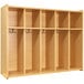 A Tot Mate maple laminate floor locker with four shelves and two hooks.