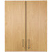 A Tot Mate maple wooden wall cabinet with two doors and handles.