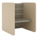 A rectangular wooden activity cube in shadow elm with two shelves.