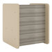 A shadow elm laminate Tot Mate activity cube with a door on a wooden box.