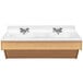 A maple double wall vanity with two white sinks.