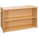 A Tot Mate maple laminate toddler storage shelf with shelves.