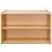 A Tot Mate maple laminate toddler double sided storage shelf with two shelves.