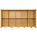 A maple laminate wall cubbie storage unit with four shelves and hooks.