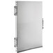A stainless steel rectangular door assembly with metal hinges and a handle.