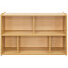A wooden school compartment storage shelf with shelves.