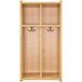 A Tot Mate maple laminate floor locker with two sections and hooks.