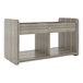 A wooden Tot Mate shadow elm laminate book and toy storage shelf with two shelves.