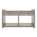 A wooden Tot Mate Shadow Elm laminate book/toy storage shelf with two shelves.