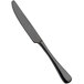 A close-up of a Bon Chef stainless steel dinner knife with a black solid handle.