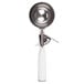 A white Vollrath ice cream scoop with a metal thumb press.
