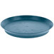 A blue round deli server with a short base.
