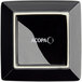 A black square Acopa stoneware plate in a black box with white writing.