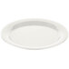 A white oval melamine platter with a white rim.