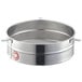 a silver sieve with a red logo