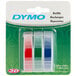 A package of three green rectangular containers with white strips of DYMO label tape.