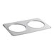 A silver ServIt steam table adapter plate with 2 holes.