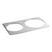 A silver stainless steel ServIt steam table adapter plate with two holes.