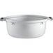A white pot with black handles.