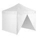 A white 10' x 10' pop-up canopy tent with straight legs and four side walls, featuring a triangular entrance opening.