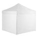 A white 10' x 10' straight leg steel pop up canopy tent with four solid side walls.