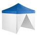 A 10' x 10' blue and white pop-up canopy tent with four side walls and a peaked roof.