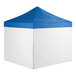 A 10-foot by 10-foot blue pop-up canopy tent with straight legs and four white side walls.
