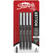 A red package of 4 Sharpie black roller ball pens.