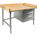 A John Boos wood work table with stainless steel drawers.